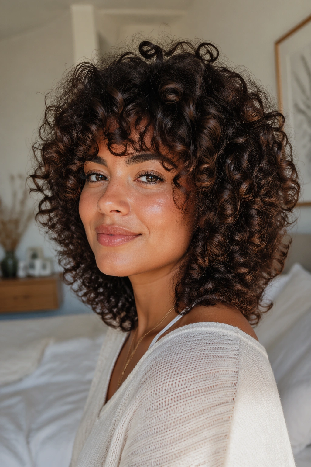 Close-up of dense curls in a rounded halo shape on a real woman's head