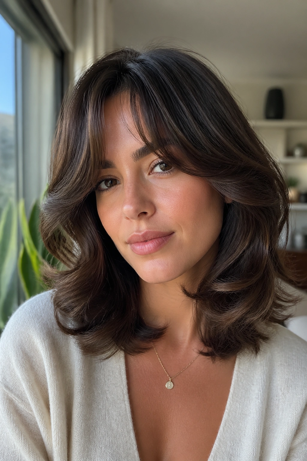 Close-up portrait of a real woman with rounded layers and sweeping curtain bangs by a sunny window