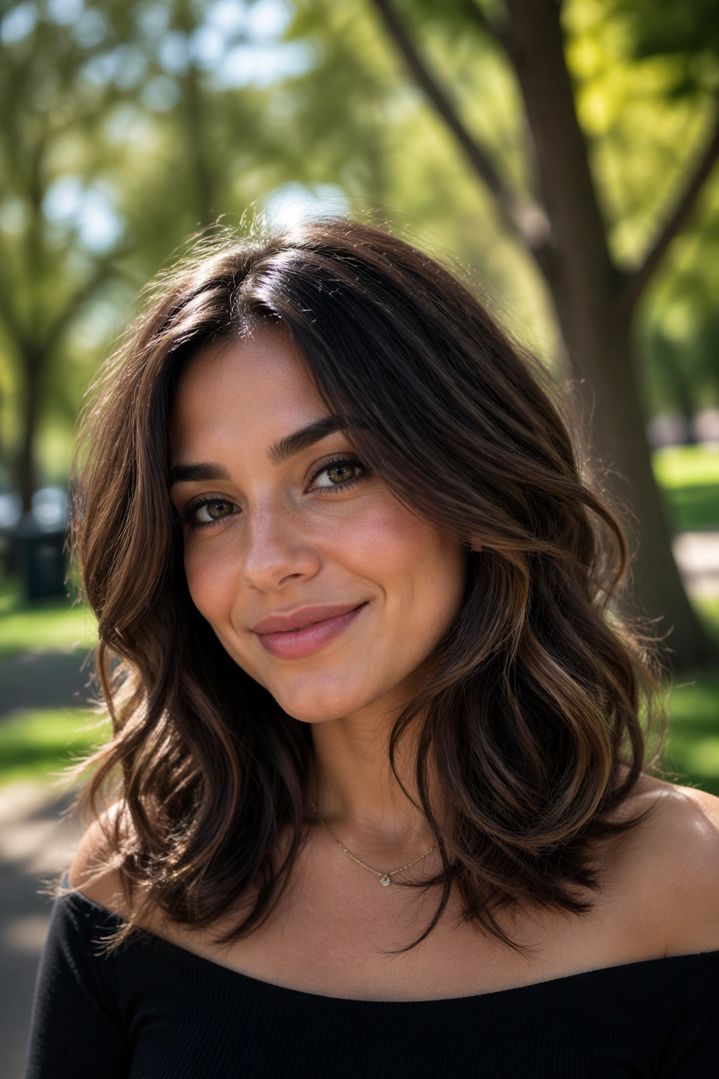 Real woman with rounded layers and loose bends in medium brunette hair
