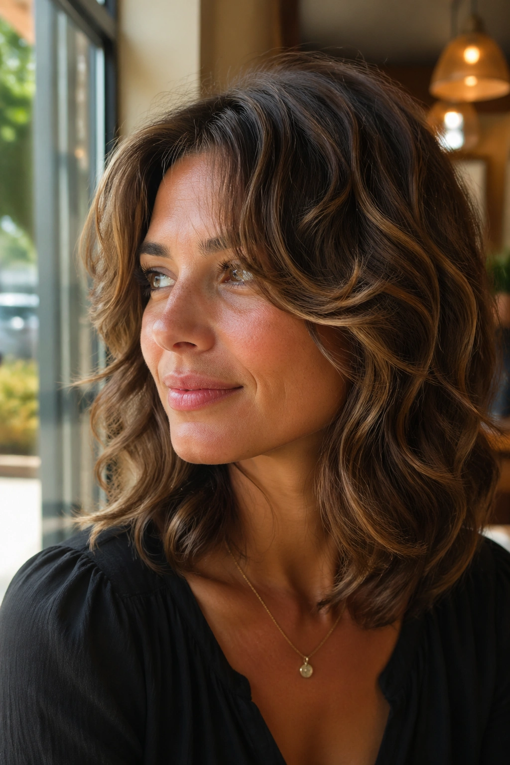 Portrait of a woman with rounded layers creating crown volume