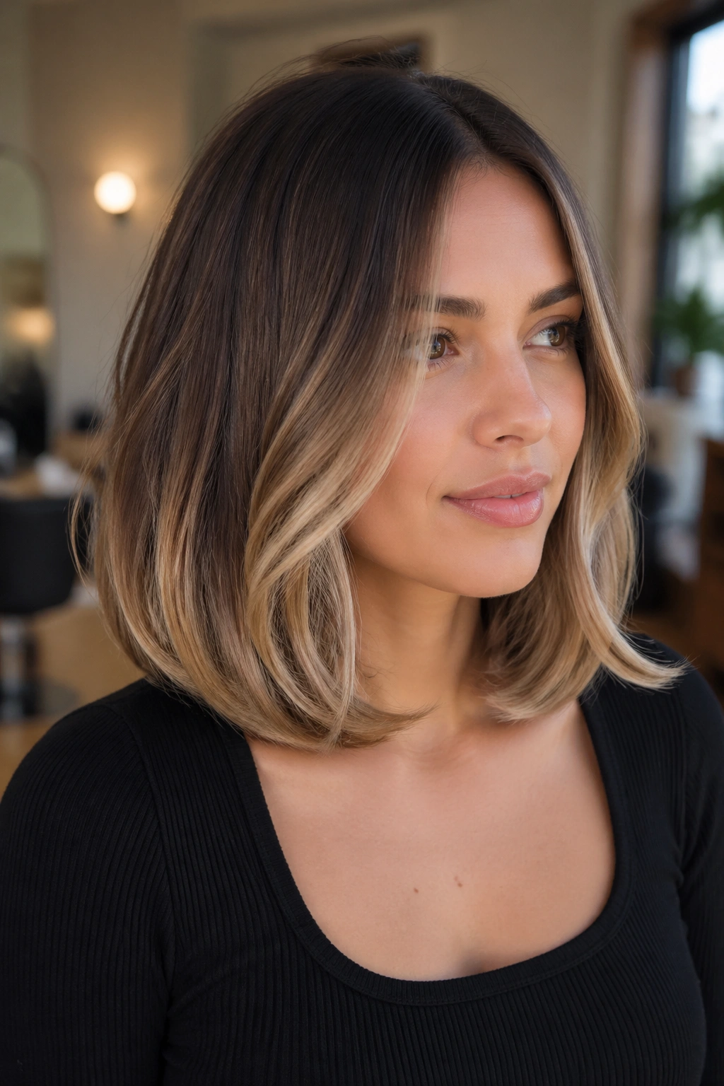 Close-up portrait of a woman with rounded lob and beige balayage highlights.
