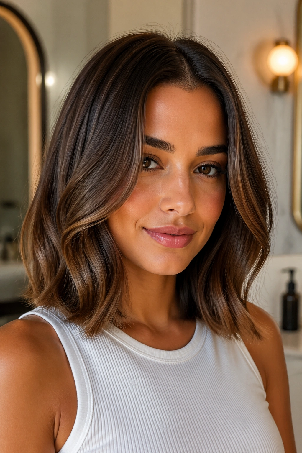 Close-up of a woman with a rounded lob and polished waves.