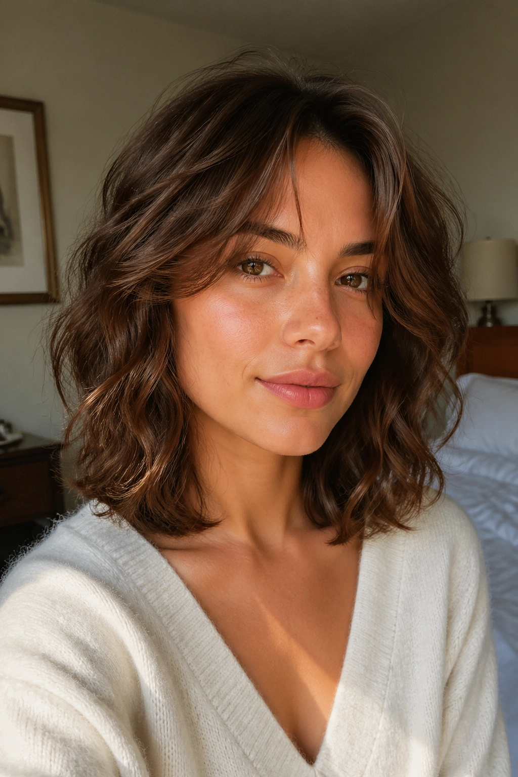 Close-up portrait of a real woman with a rounded midi cut framing her face in warm window light