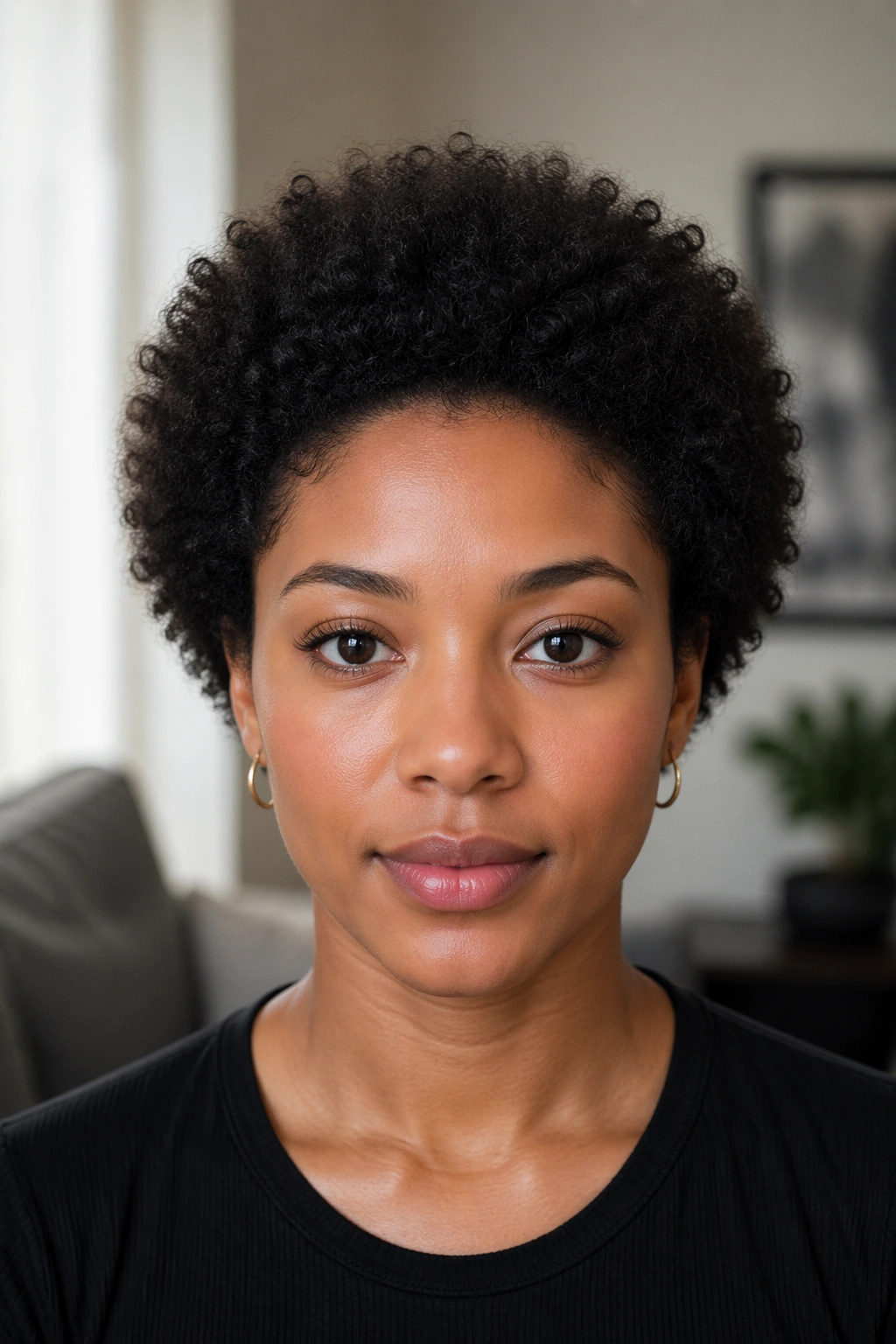 Close-up of a real person with a rounded mini afro