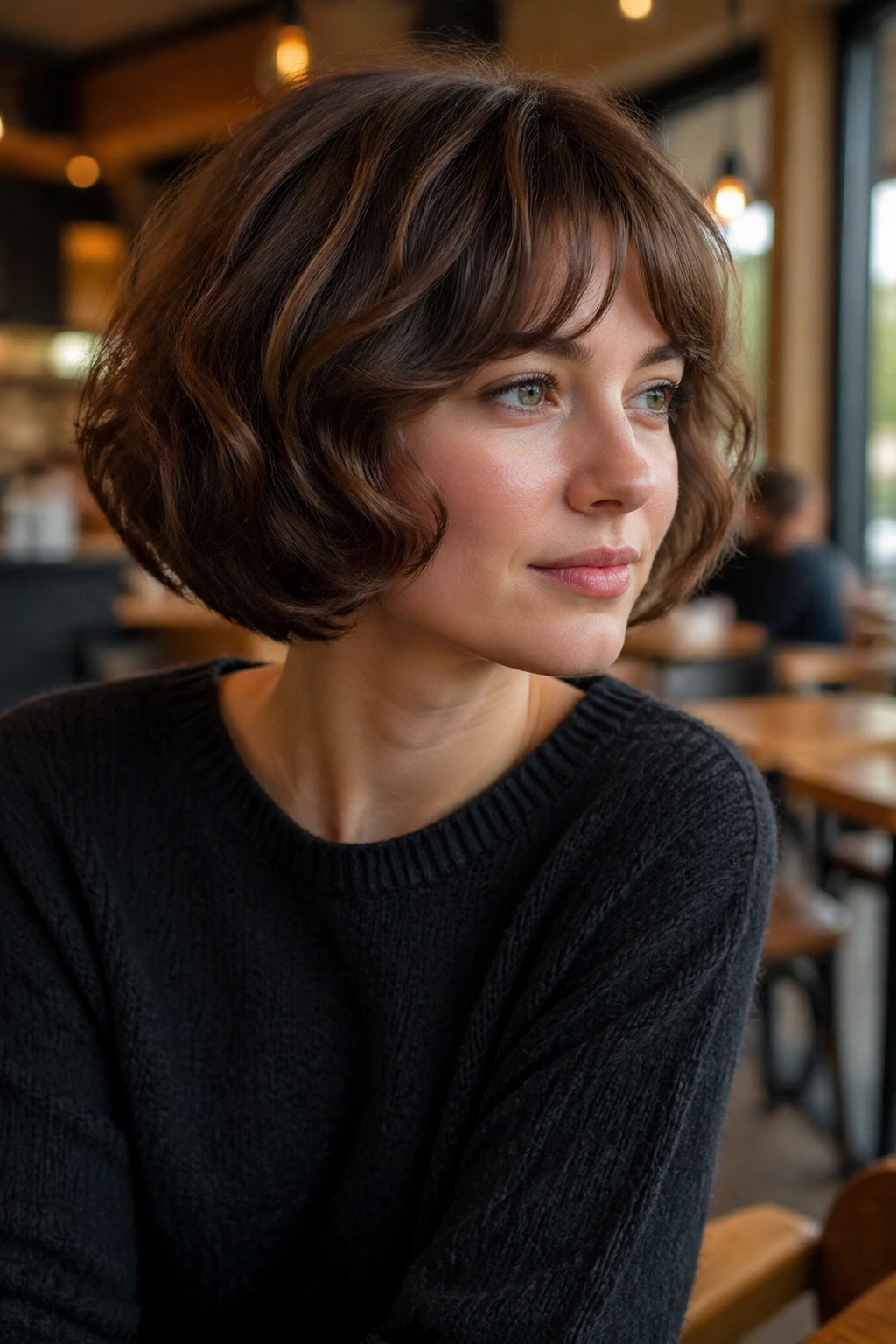 Real woman with rounded pageboy cut in a cafe setting