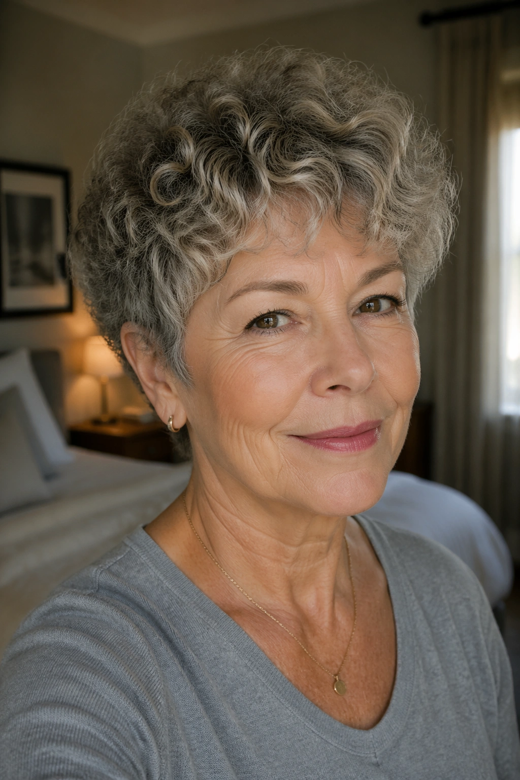 Close-up of a real woman with rounded pixie for fine curls in warm window light
