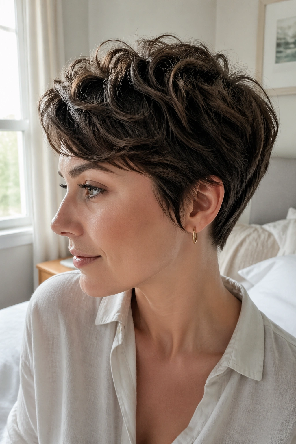 Close-up of a real woman with rounded pixie and soft edges