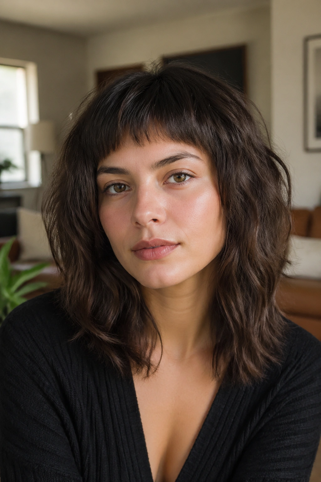 Portrait of a woman with rounded shag and micro bangs in daylight