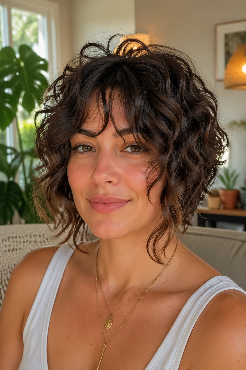 Portrait of a woman with rounded shag and face-framing pieces, sunlit room.