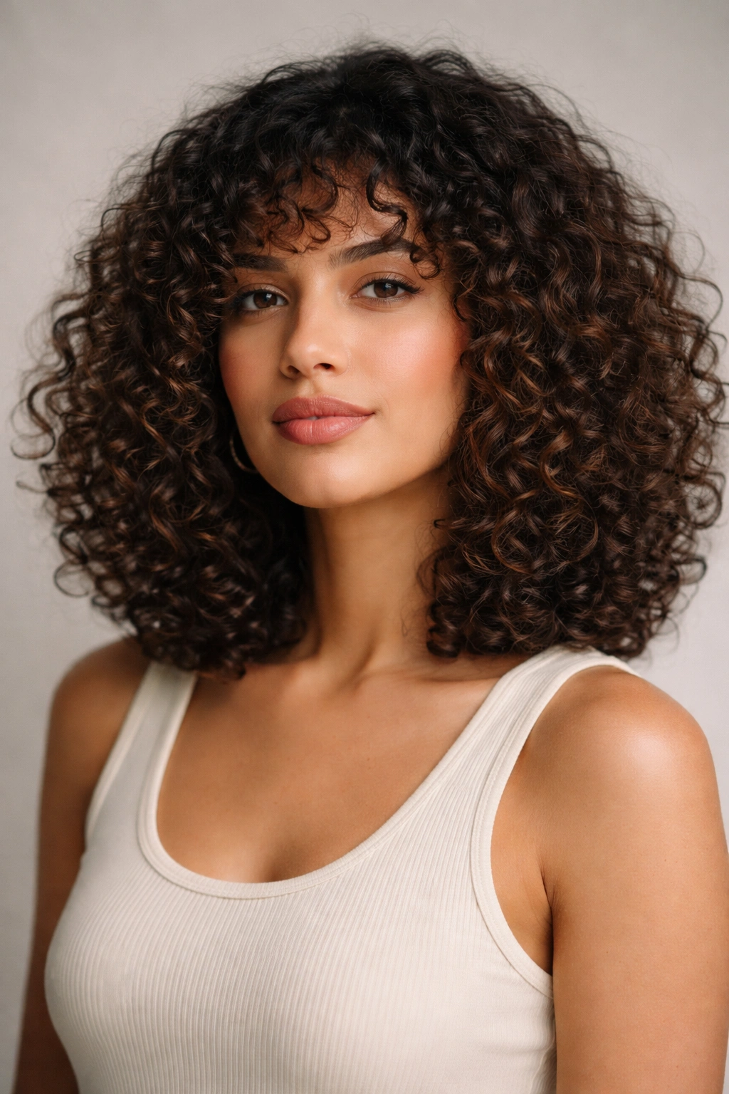 Model with rounded shoulder-length curly cut, dense curls framing the face.