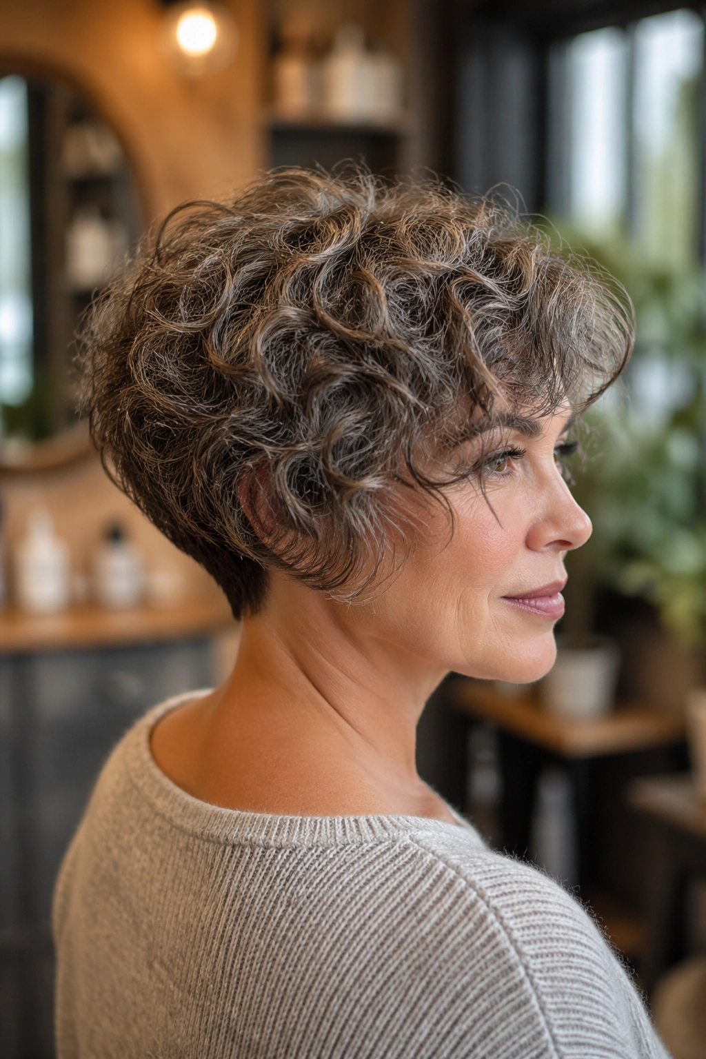Close-up portrait of a real woman with a rounded stacked bob and fine curls in a cozy salon.