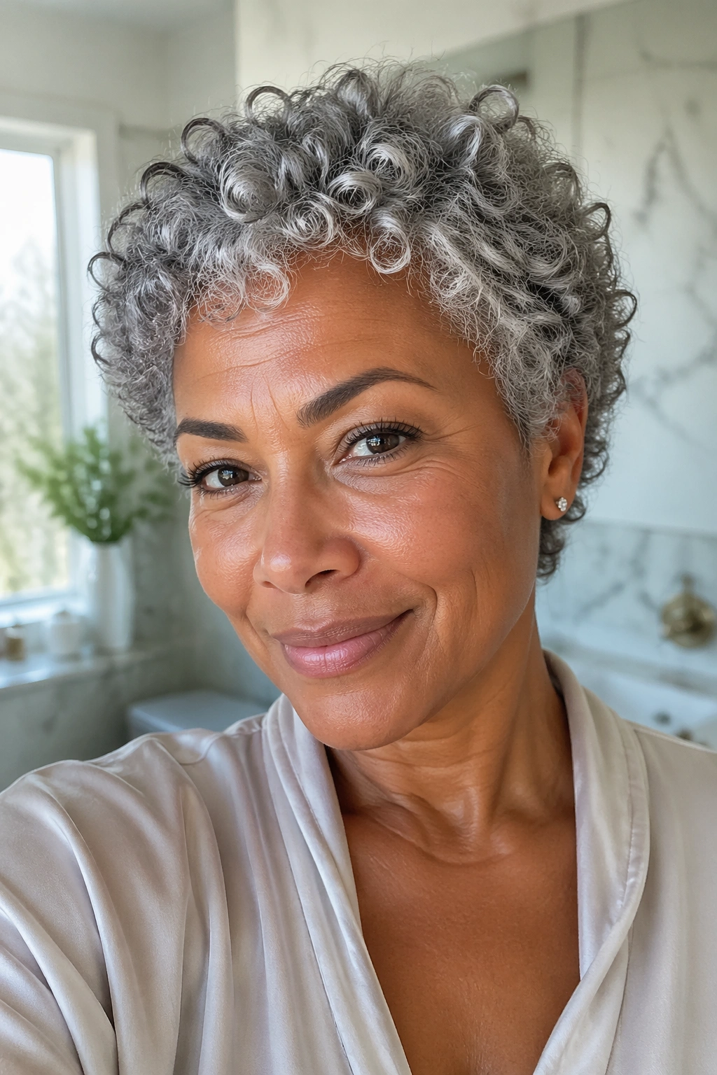 Medium close-up of a woman with short grey curls in a bright bathroom setting
