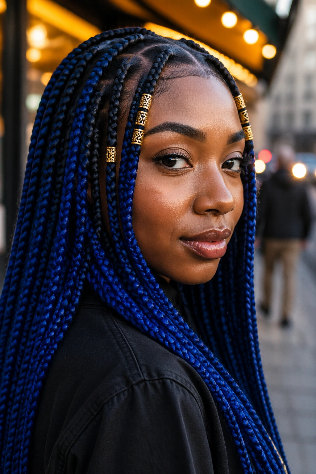 Portrait of a real person with royal blue knotless box braids and gold beads near the temples