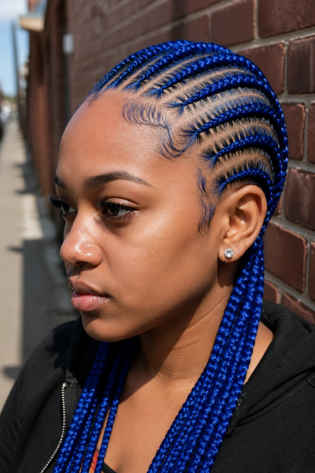 Close-up of royal blue cornrows on a real person