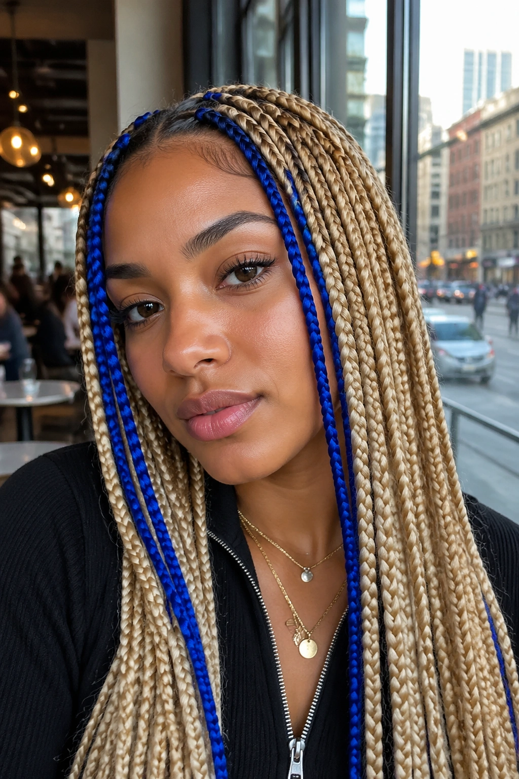 Close-up of a real woman with blonde box braids and royal blue money pieces at the temples.