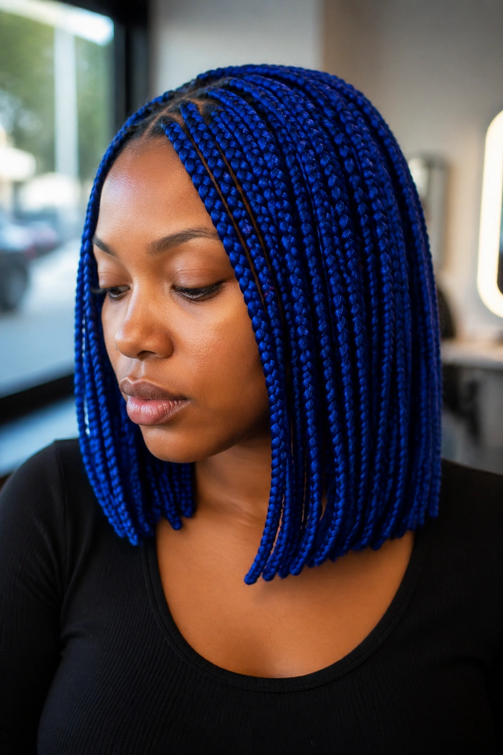 Close-up of real person with royal blue shoulder-length box braids