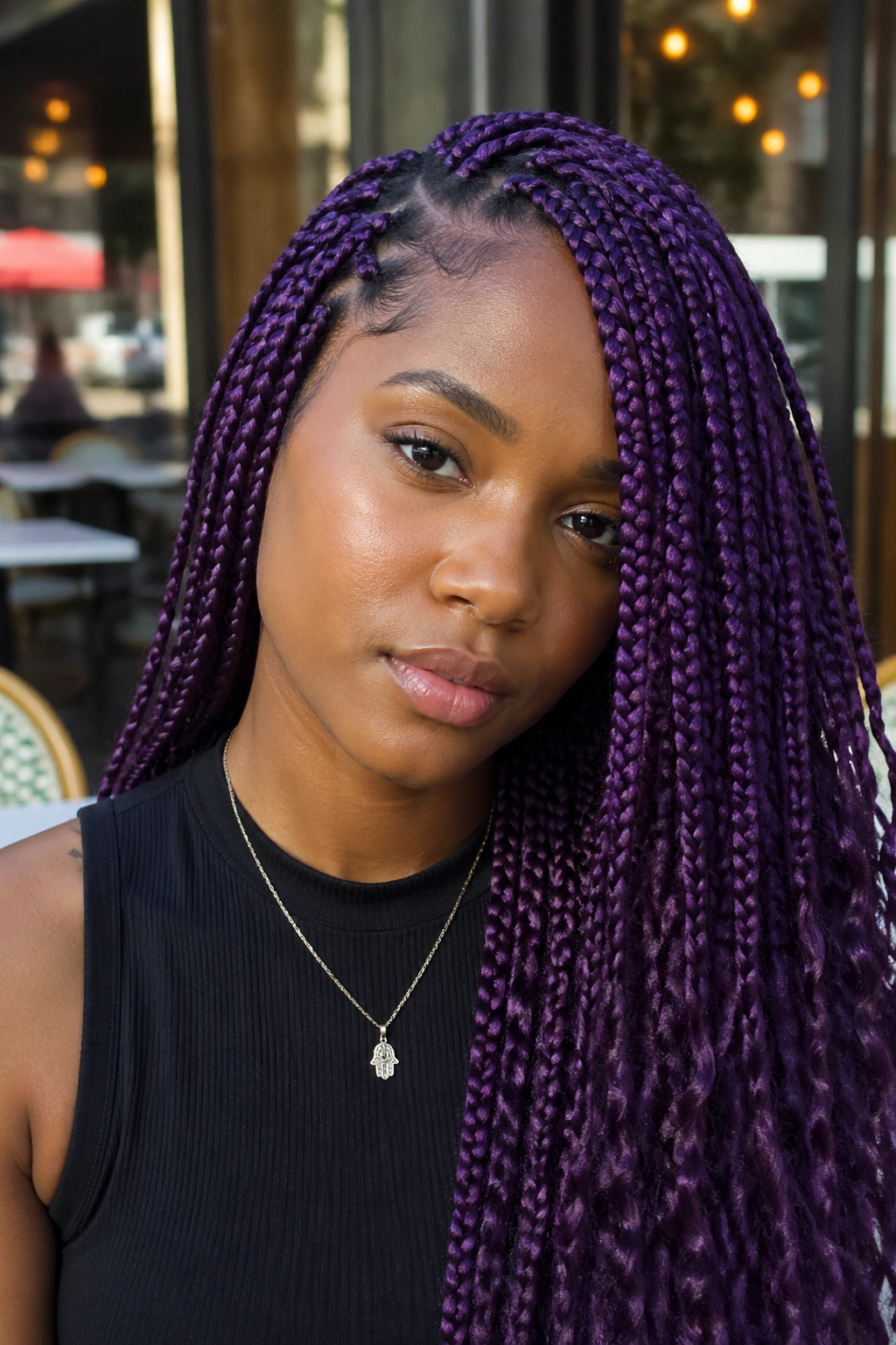 Close-up of royal purple medium box braids with a side part on a real person