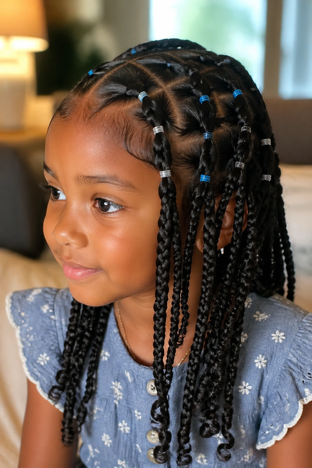 Close-up of a girl with rubber-band pattern box braids