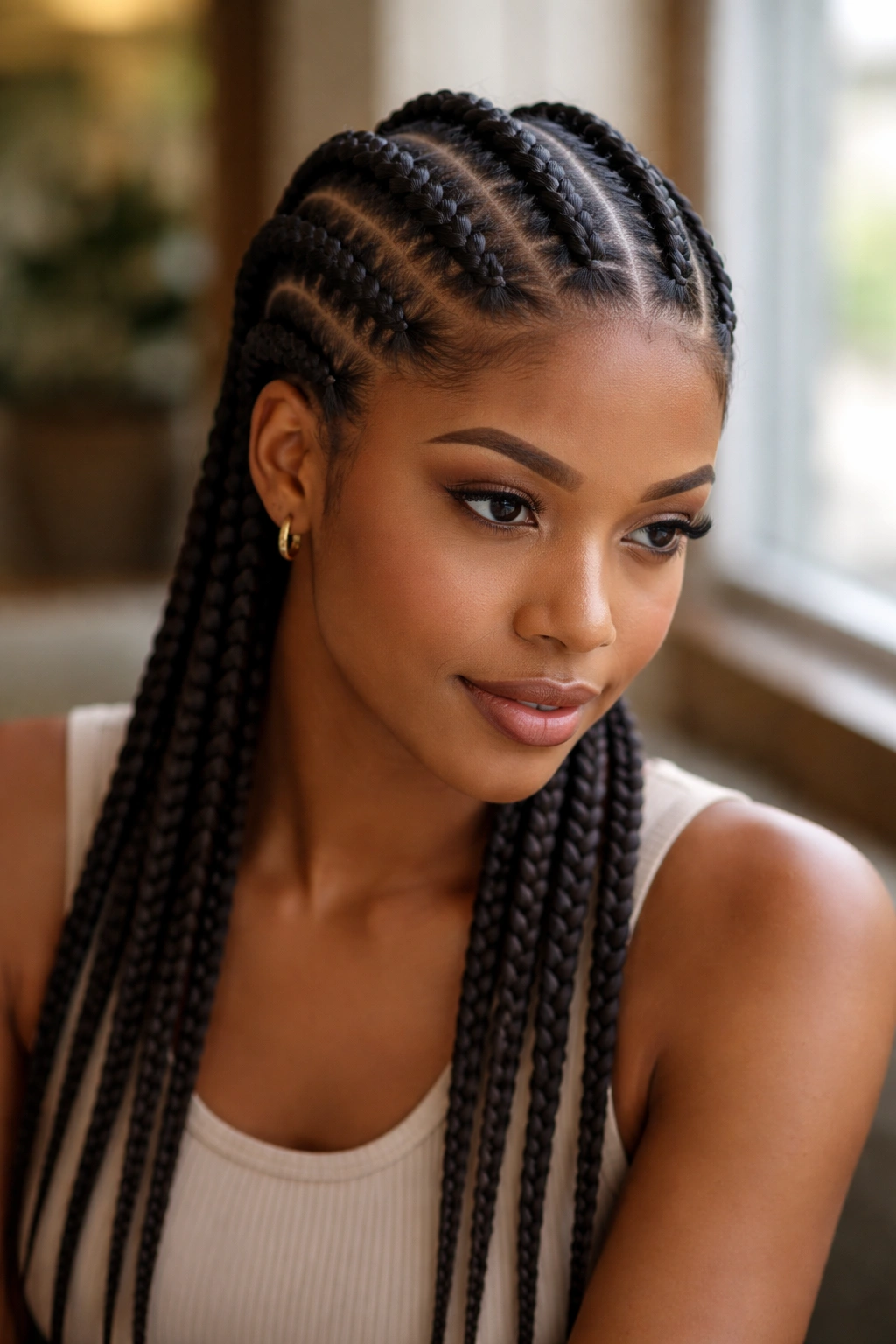 Close-up of a real person with six cornrows featuring rubber band bases at the front