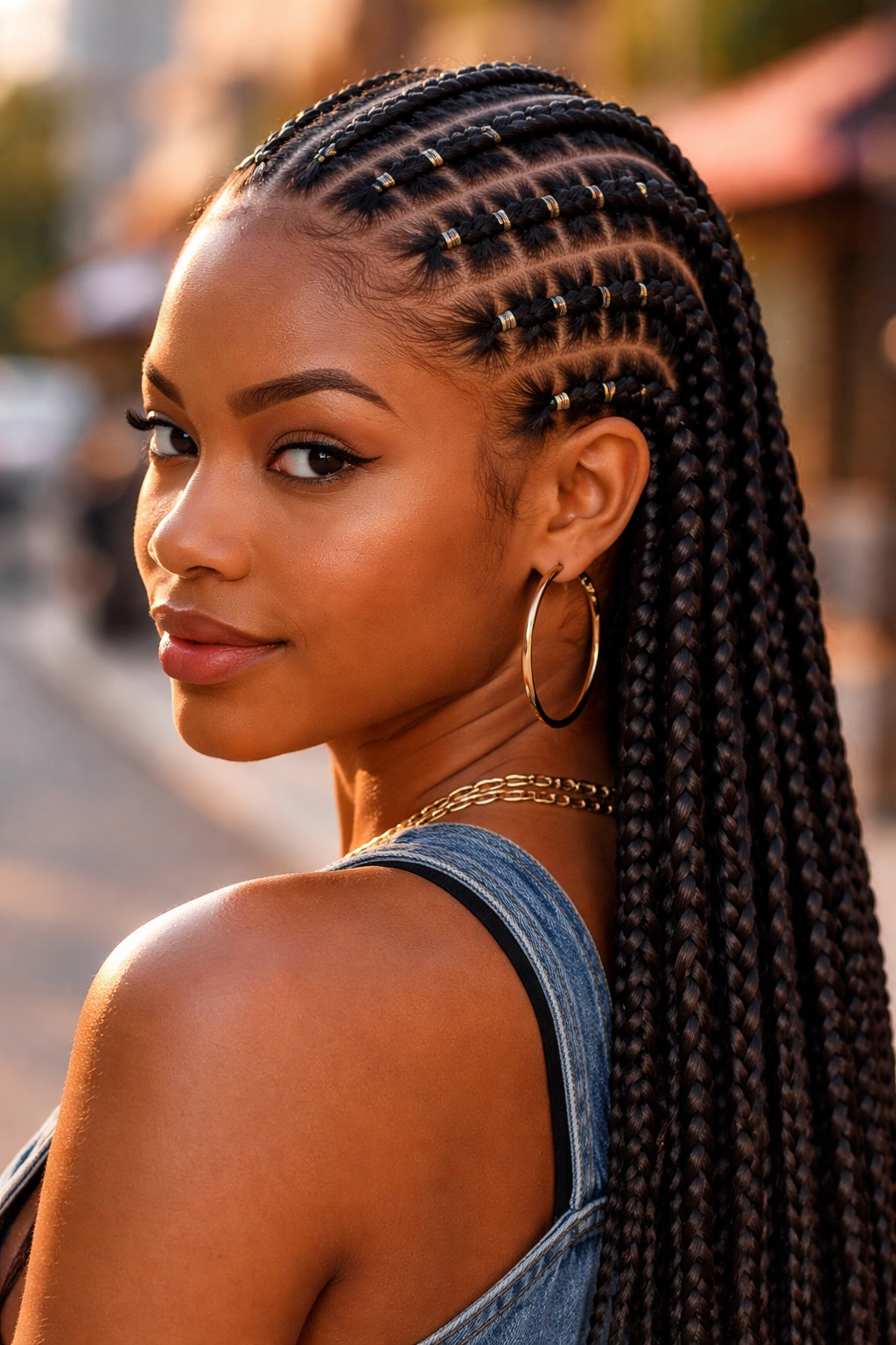 Close-up of a real woman with rubber band-partitioned cornrows.