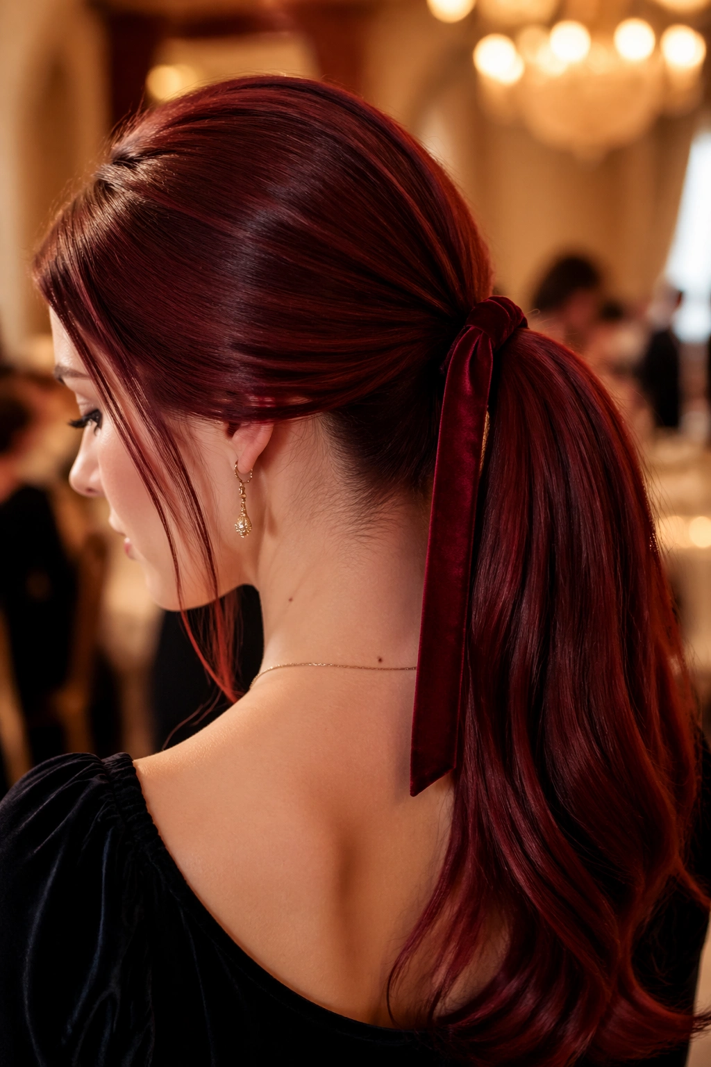Close-up of a real woman with a ruby-red ponytail tied with a velvet ribbon, warm elegant setting