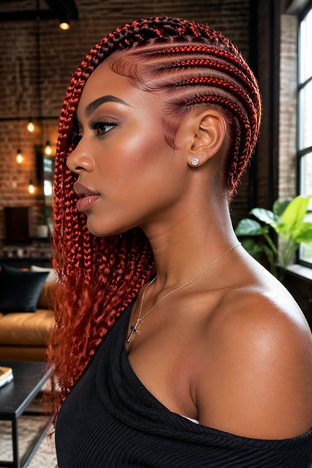 Side profile of rust red cornrows with an asymmetric cut on a real person
