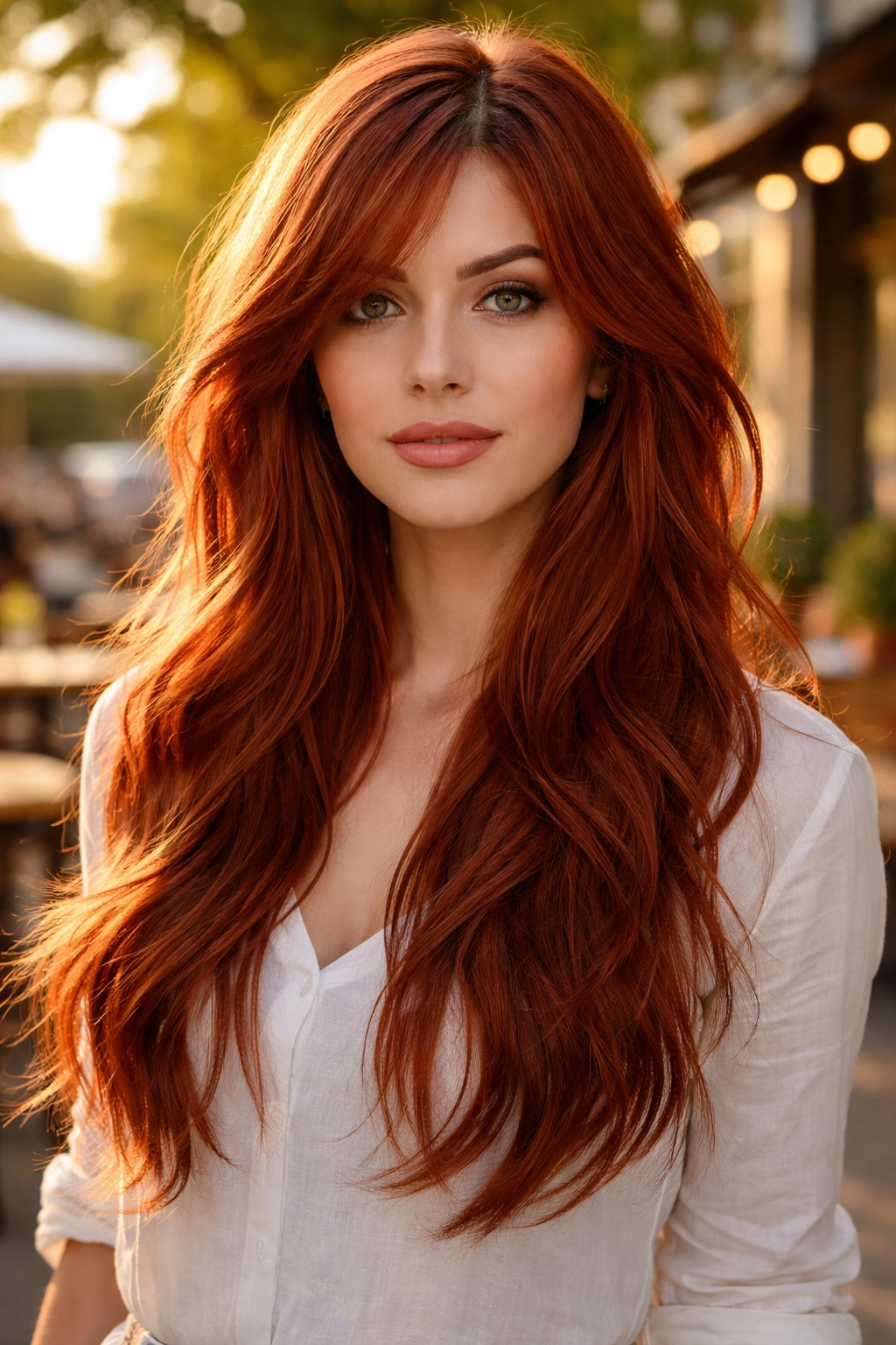Close-up of a woman with rust red razored layers and textured waves