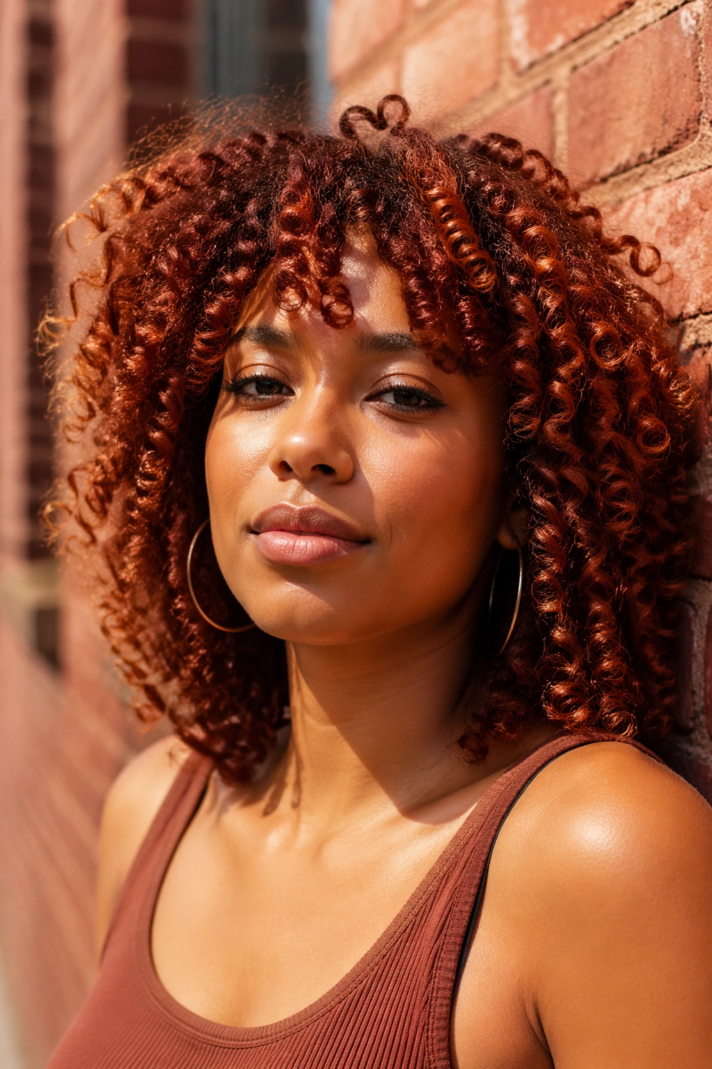 Close-up of curls in rust and terracotta tones on a real woman outdoors