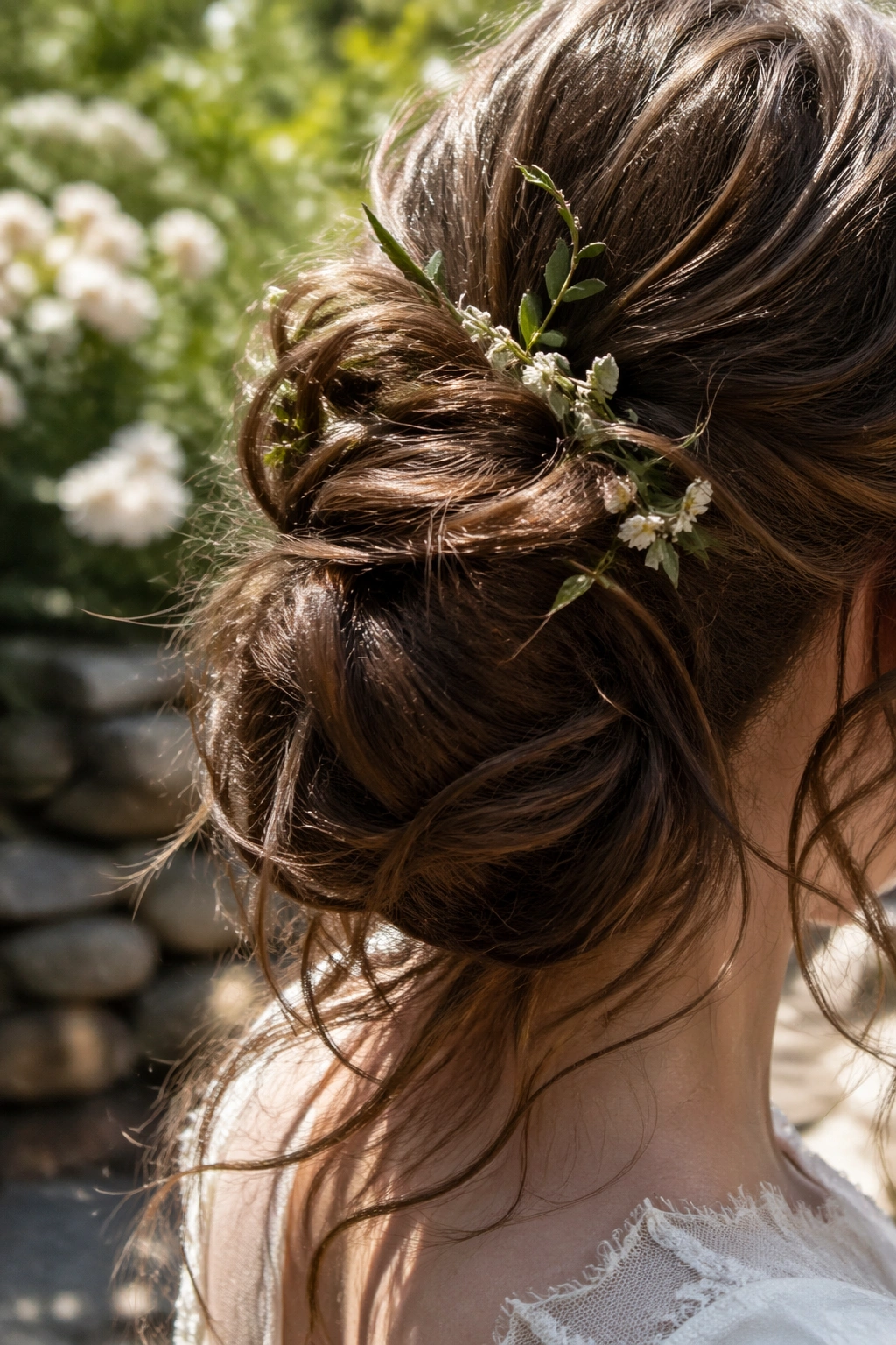 Close-up of rustic garden bun with loose strands in a sunlit garden