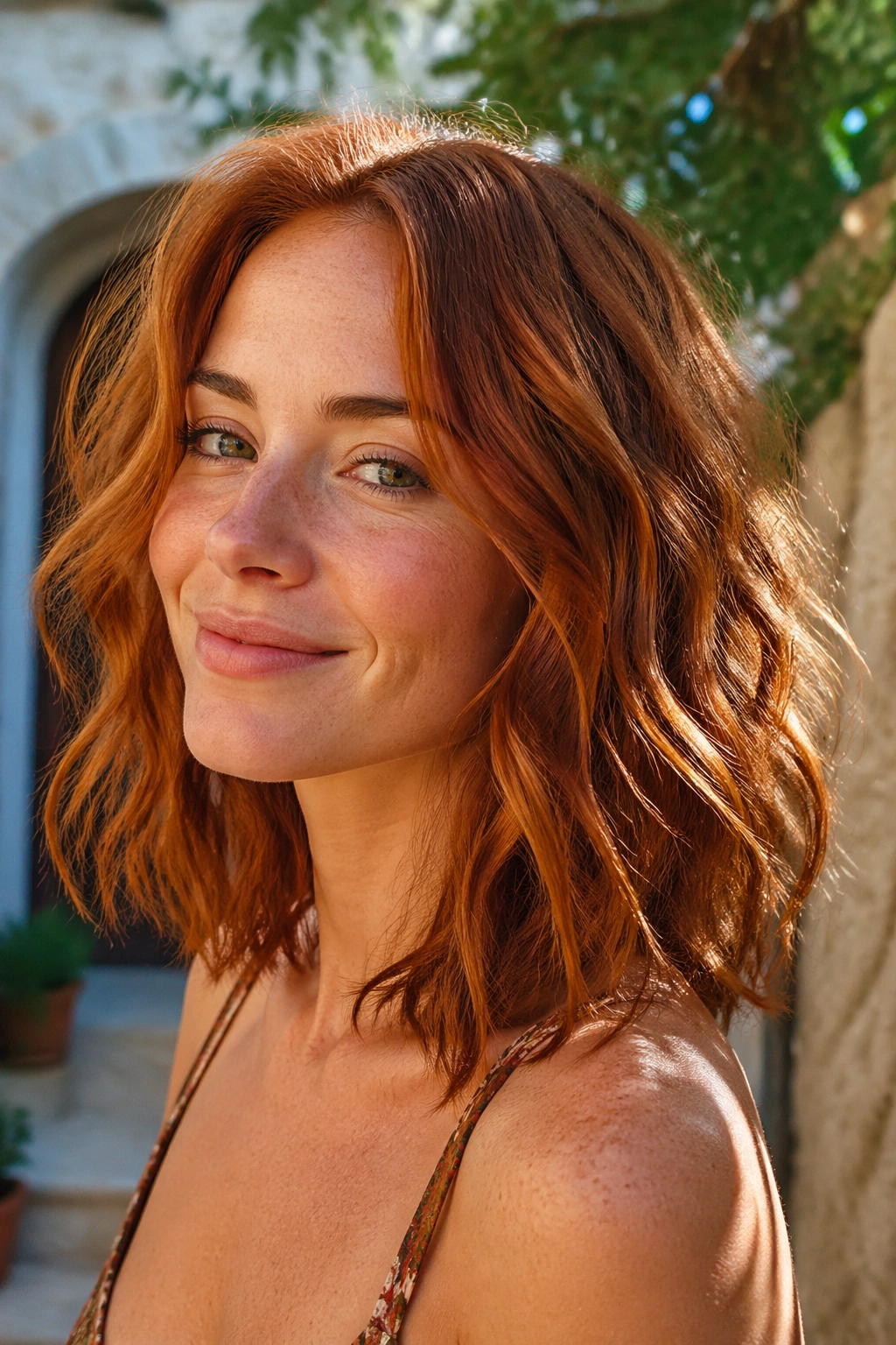 Close-up of a real woman with rusty copper beachy waves in a sunlit outdoor setting