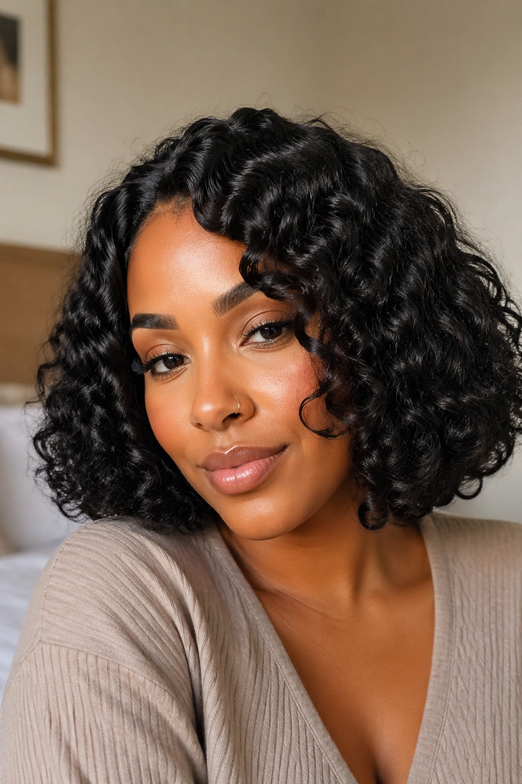Close-up portrait of a real woman with a defined S curl bob under soft window light