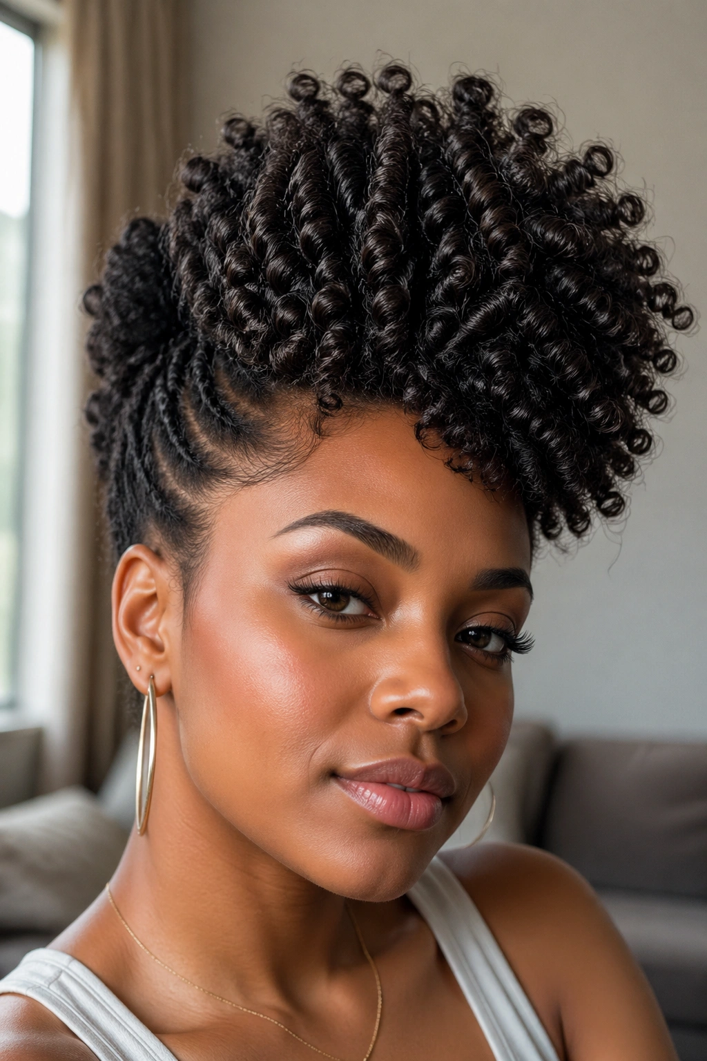 Close-up of a real person with a frohawk hairstyle.