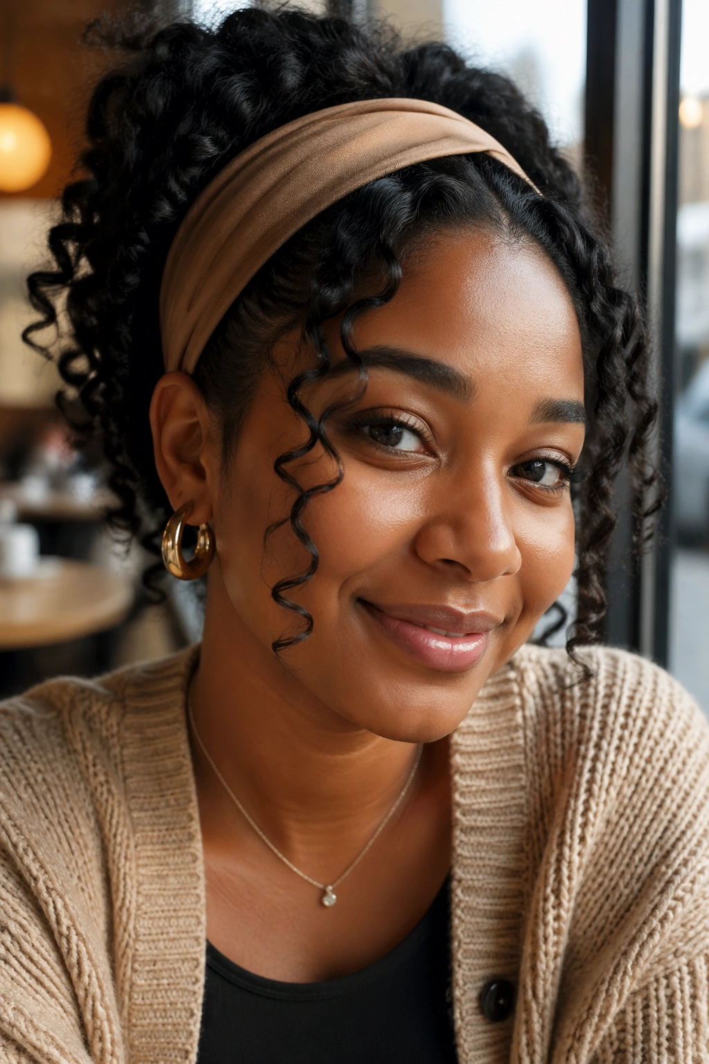 Close-up portrait of a real person with an S curl style and a wide headband.