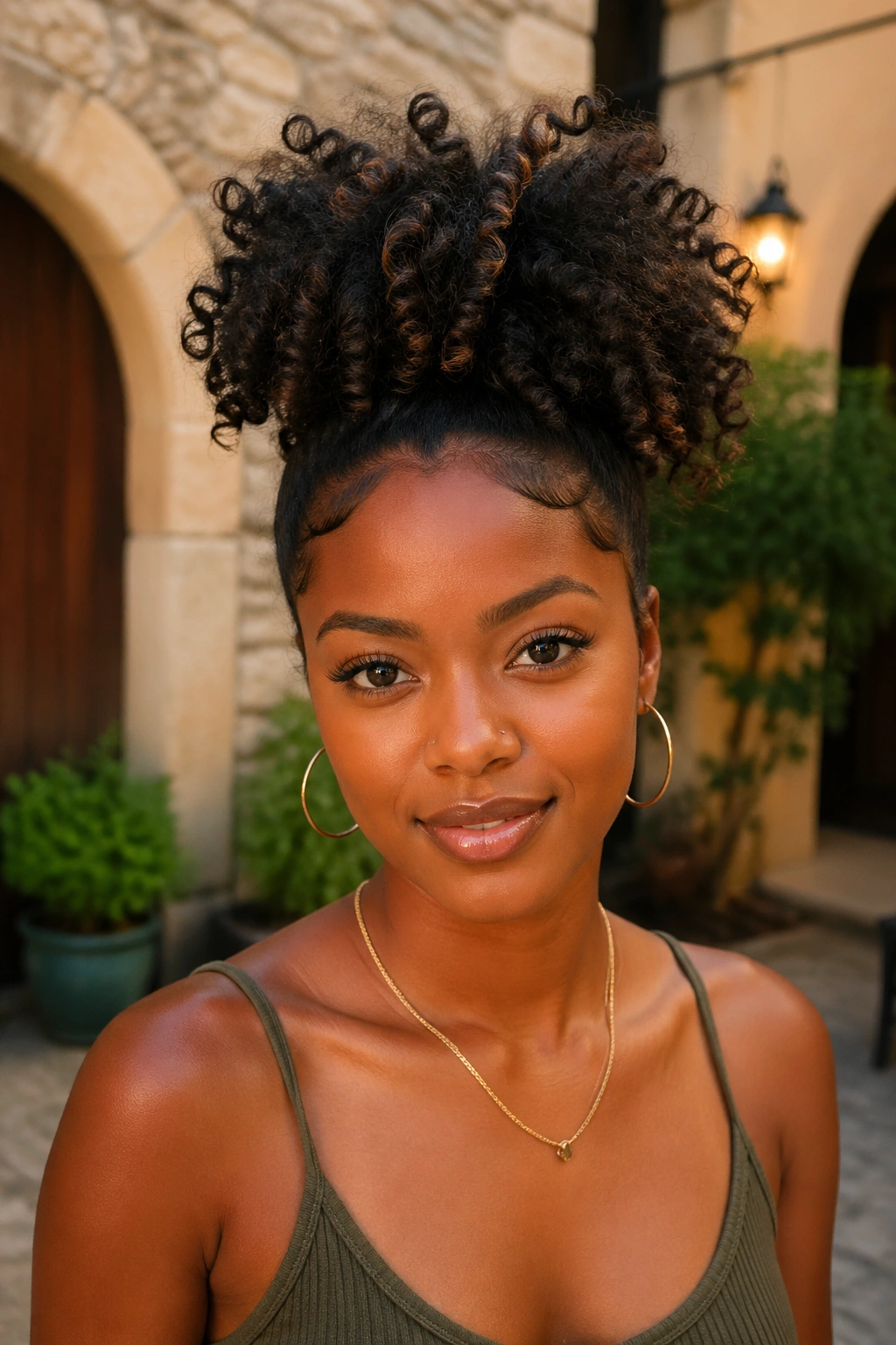 Front-facing portrait of a real person with a high pineapple style.