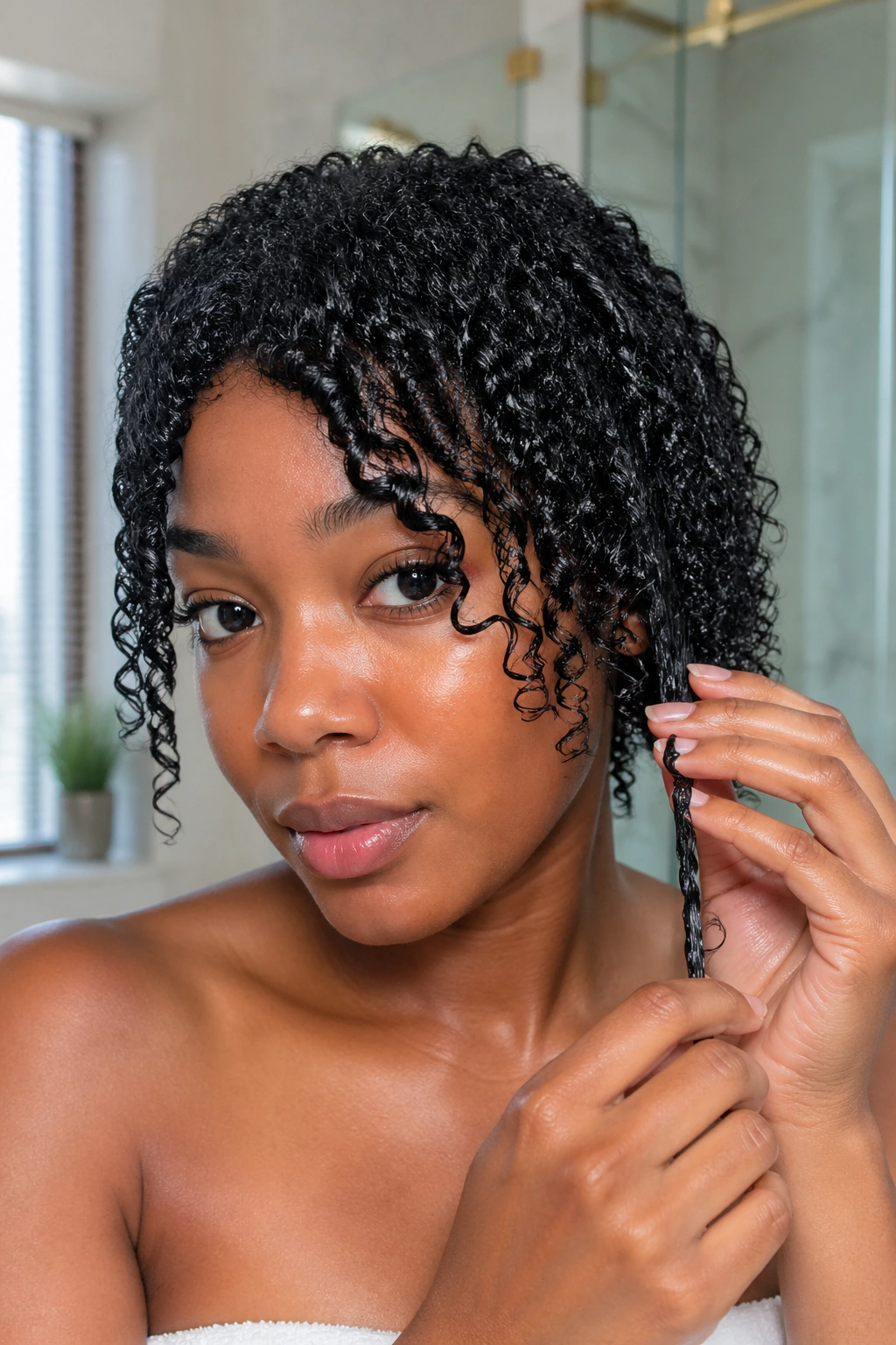 Real woman with S curls demonstrating smoothing technique to fix frizz