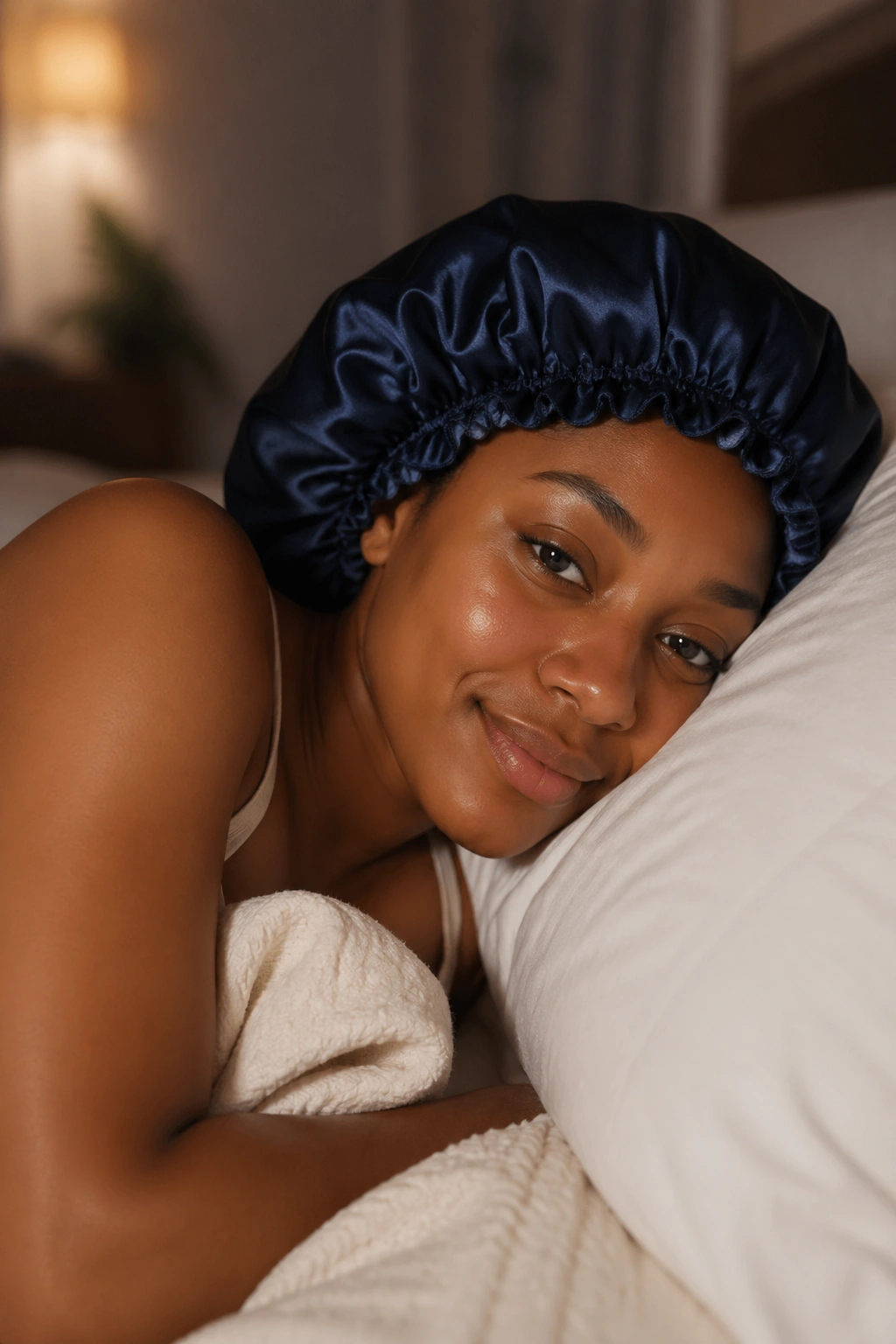 Real woman wearing a satin bonnet protecting S curls in a night bedroom