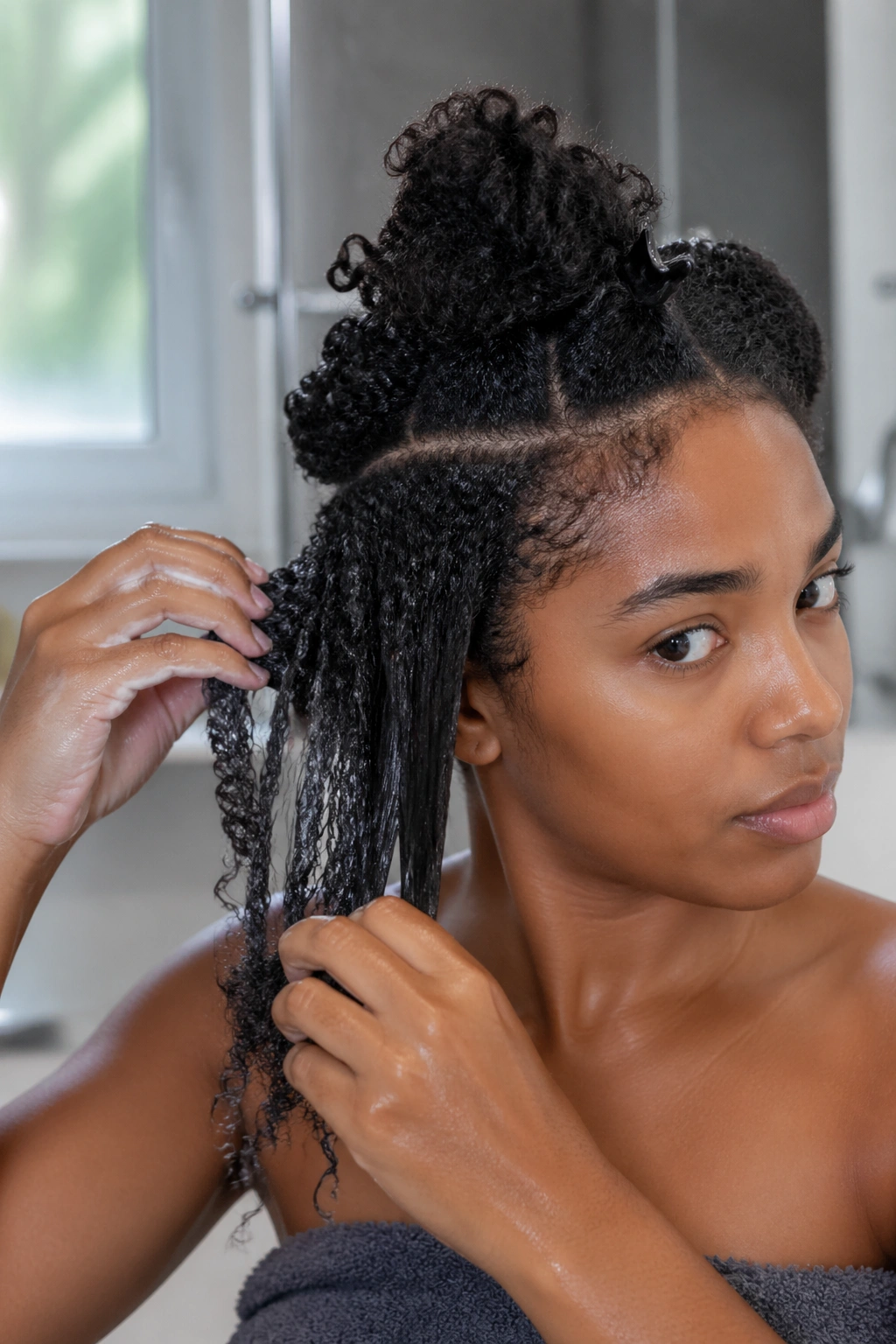 Person prepping hair in bathroom with wet sections
