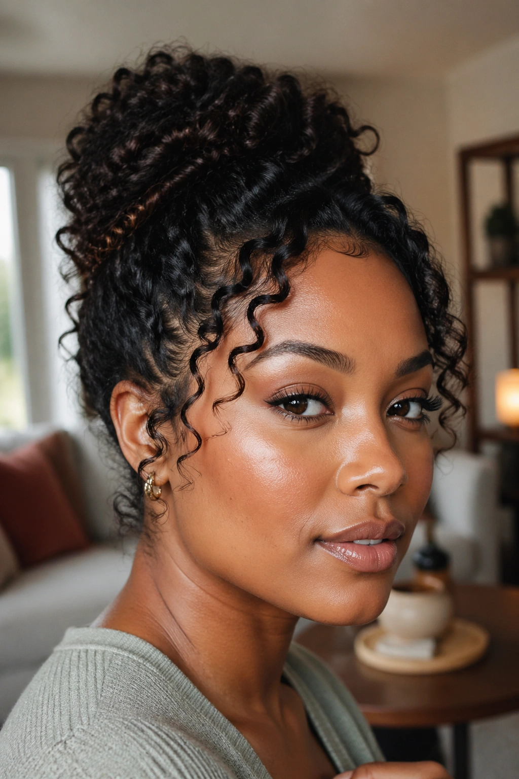 Close-up portrait of a real person with a loose protective updo showing curl definition.
