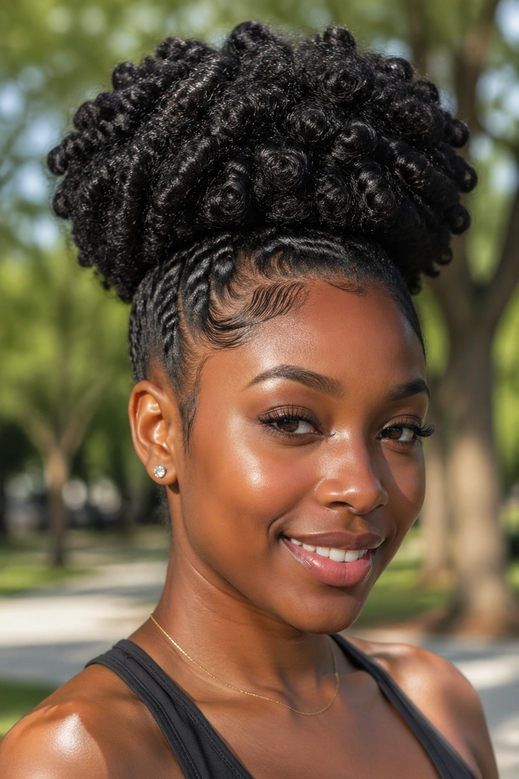 Close-up of a real woman with an S Curl puff and defined edges