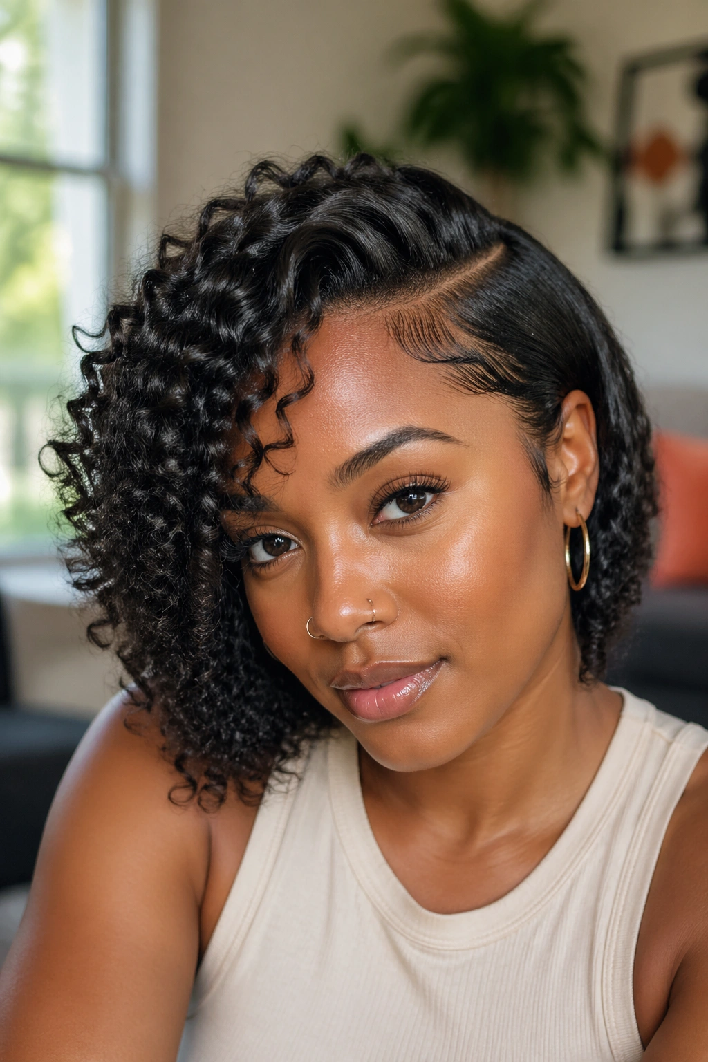 Close-up portrait of a real woman with a deep side-part S curl wash-and-go.