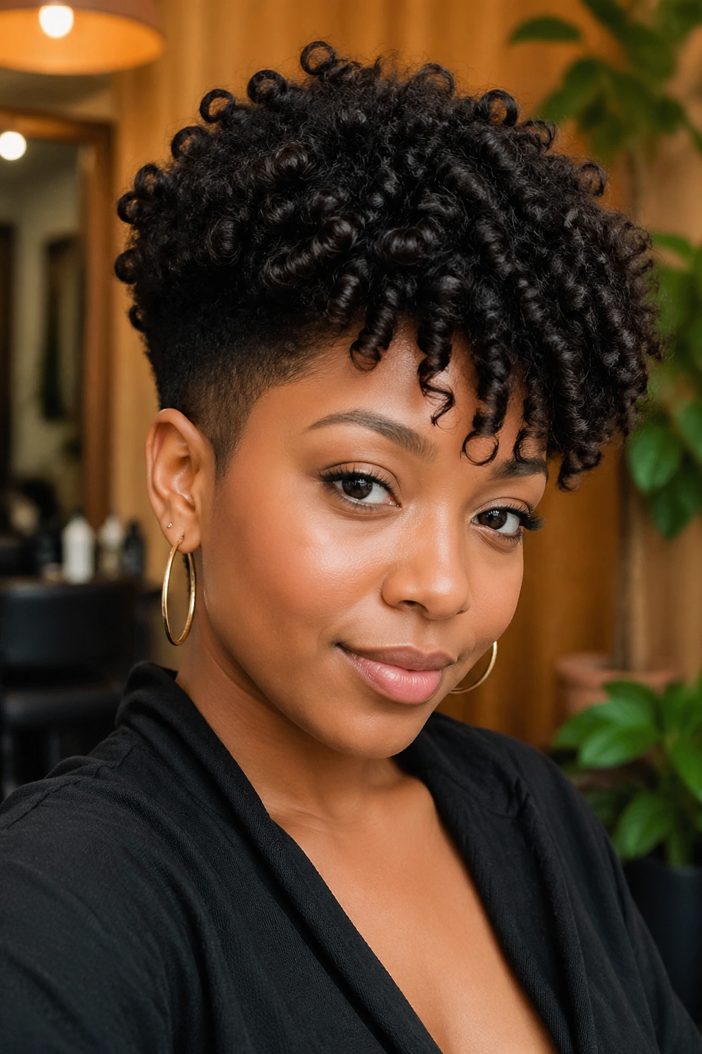 Close-up of a real person with a tapered S curl cut, head and shoulders.
