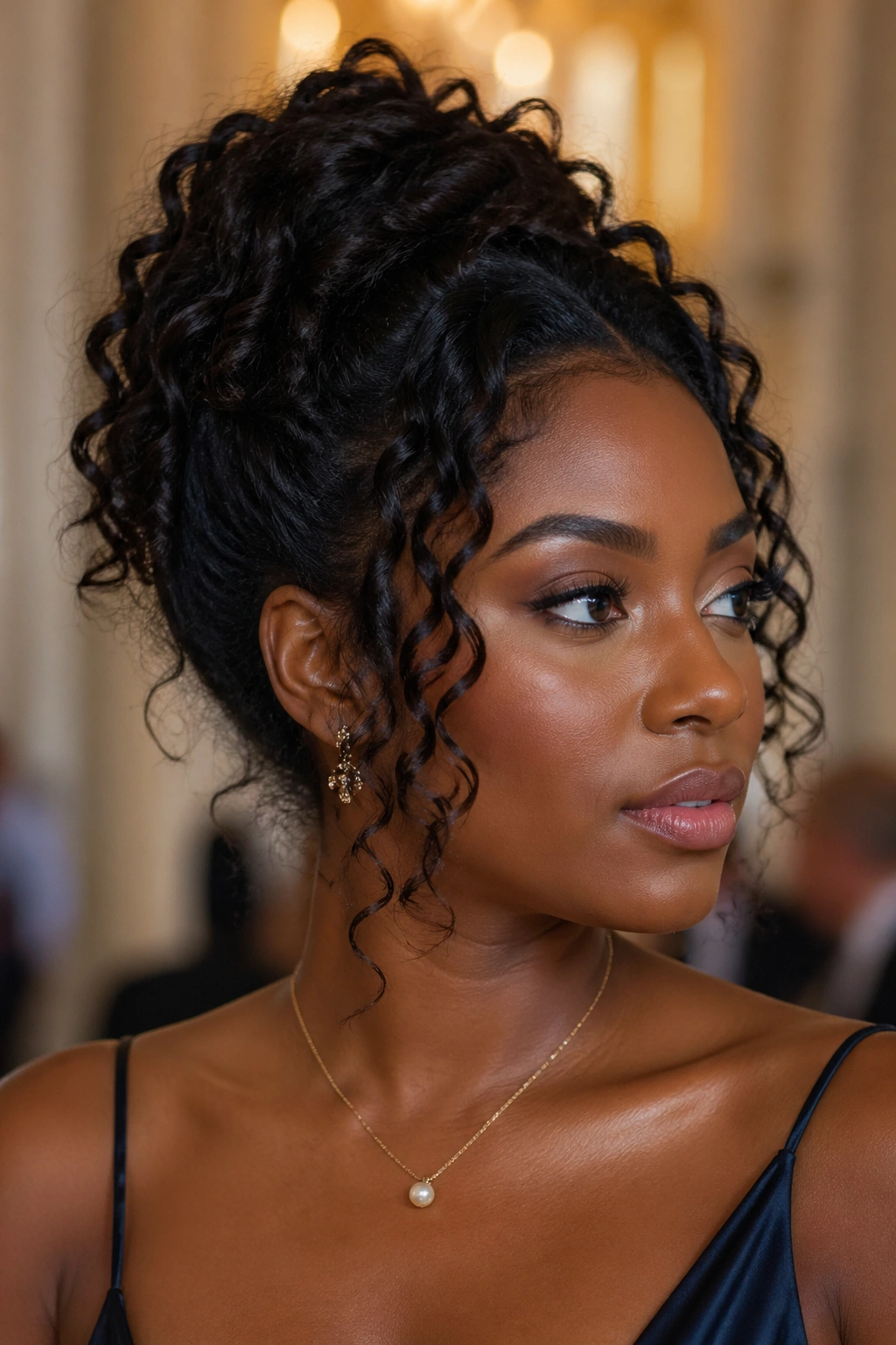 Close-up of a real person with an updo and face-framing curls.