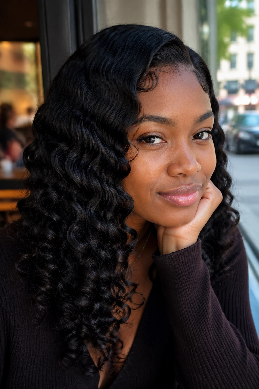 Close-up of a real woman with braid-out S curls