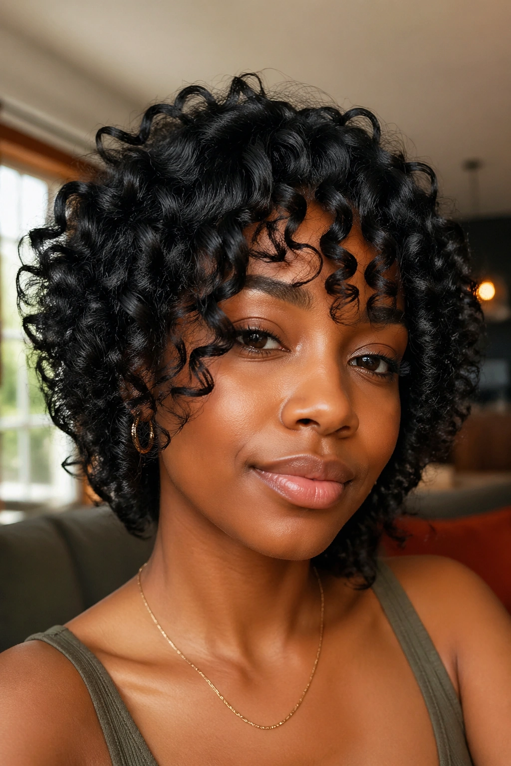 Close up of a real woman's S curls framing her face in warm window light