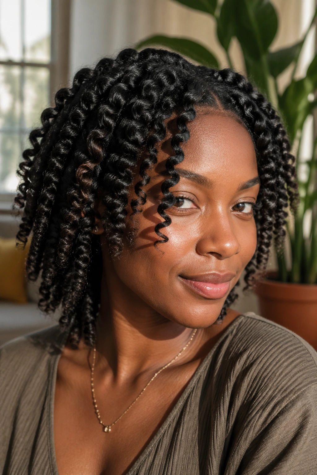 Close-up of a real woman with twist-out S curls