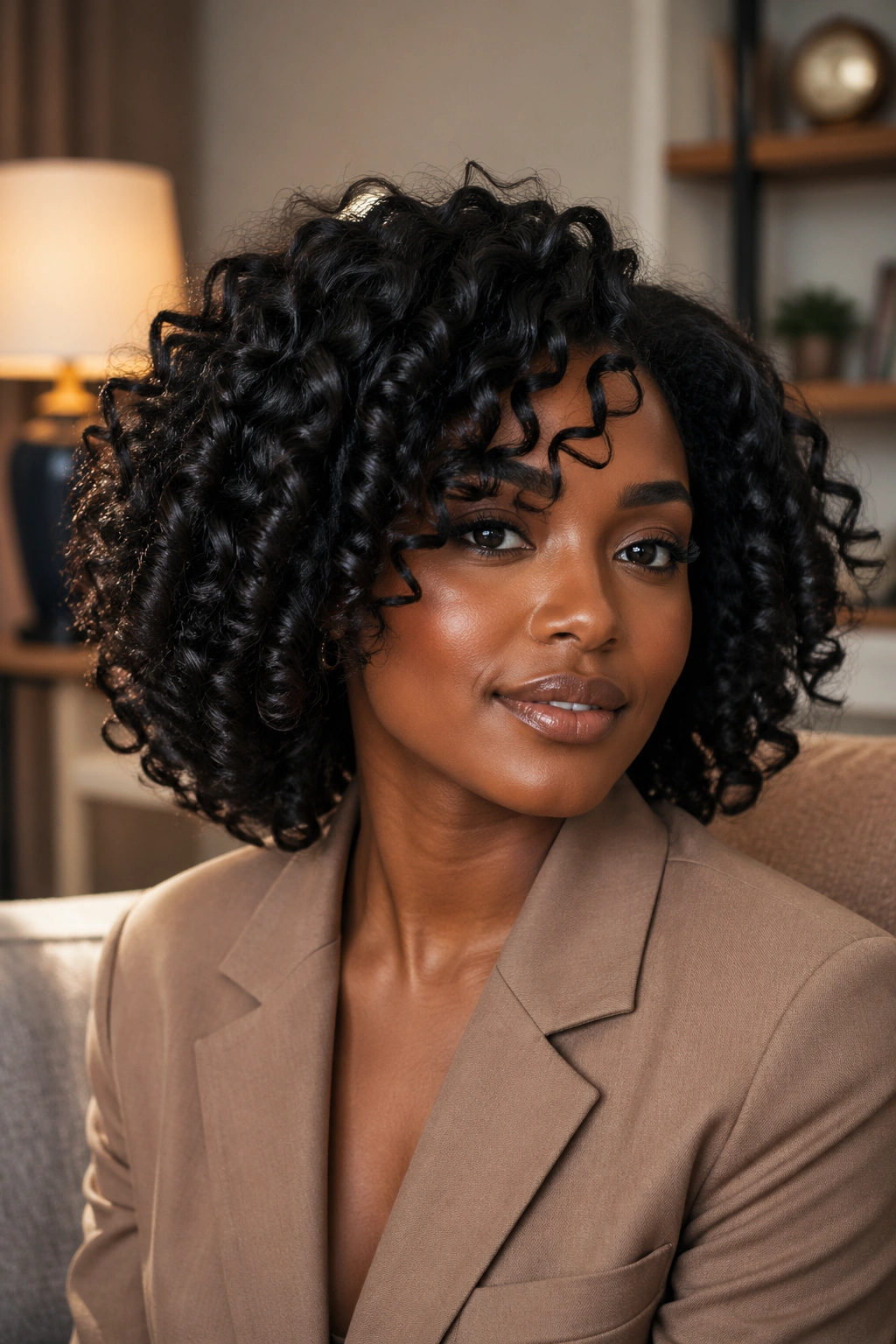 Portrait of person with glossy S curls in blazer