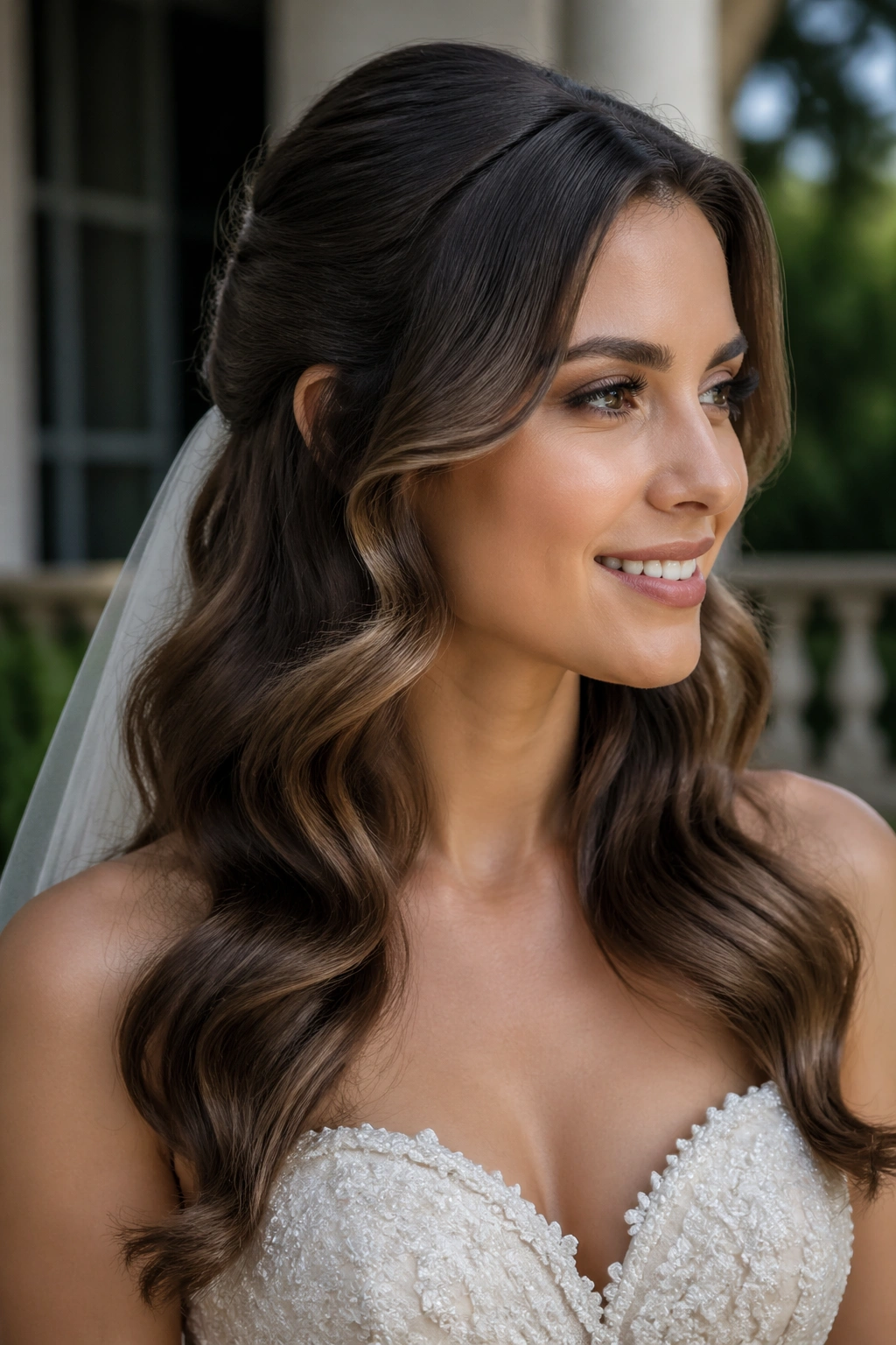 Bride with S-curved wave half-up hairstyle in garden
