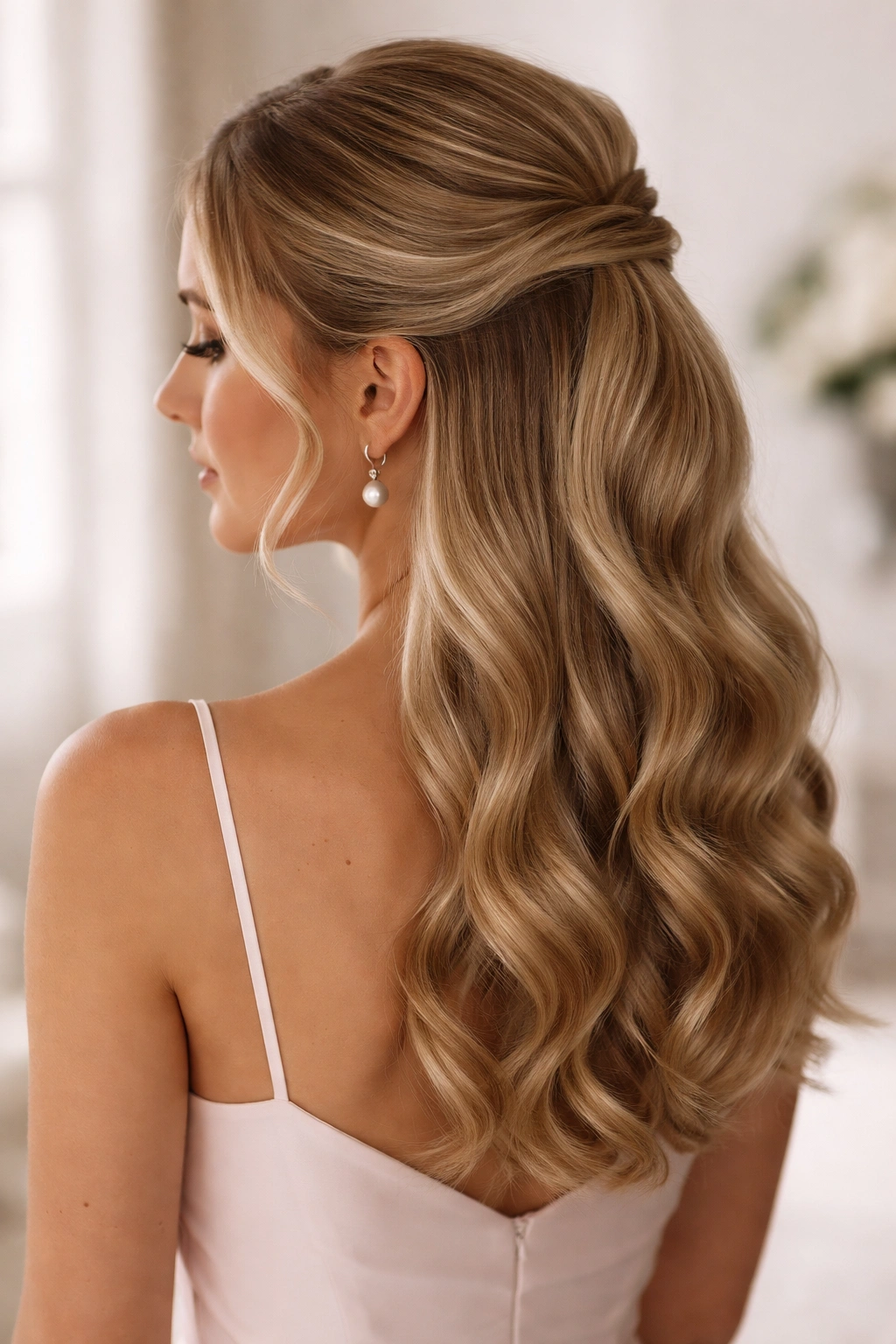 Close-up of a real woman with a S-Wave Half-Up with Polished Ends hairstyle in bridal suite light