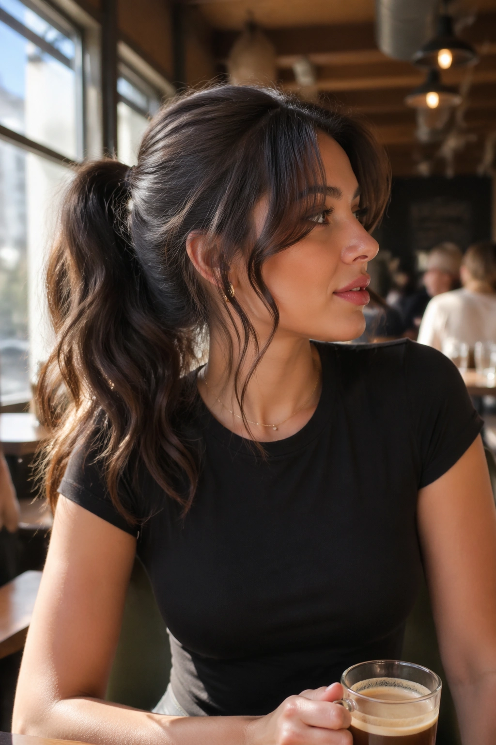 S-wave ponytail with curtain bangs in sunlit cafe.