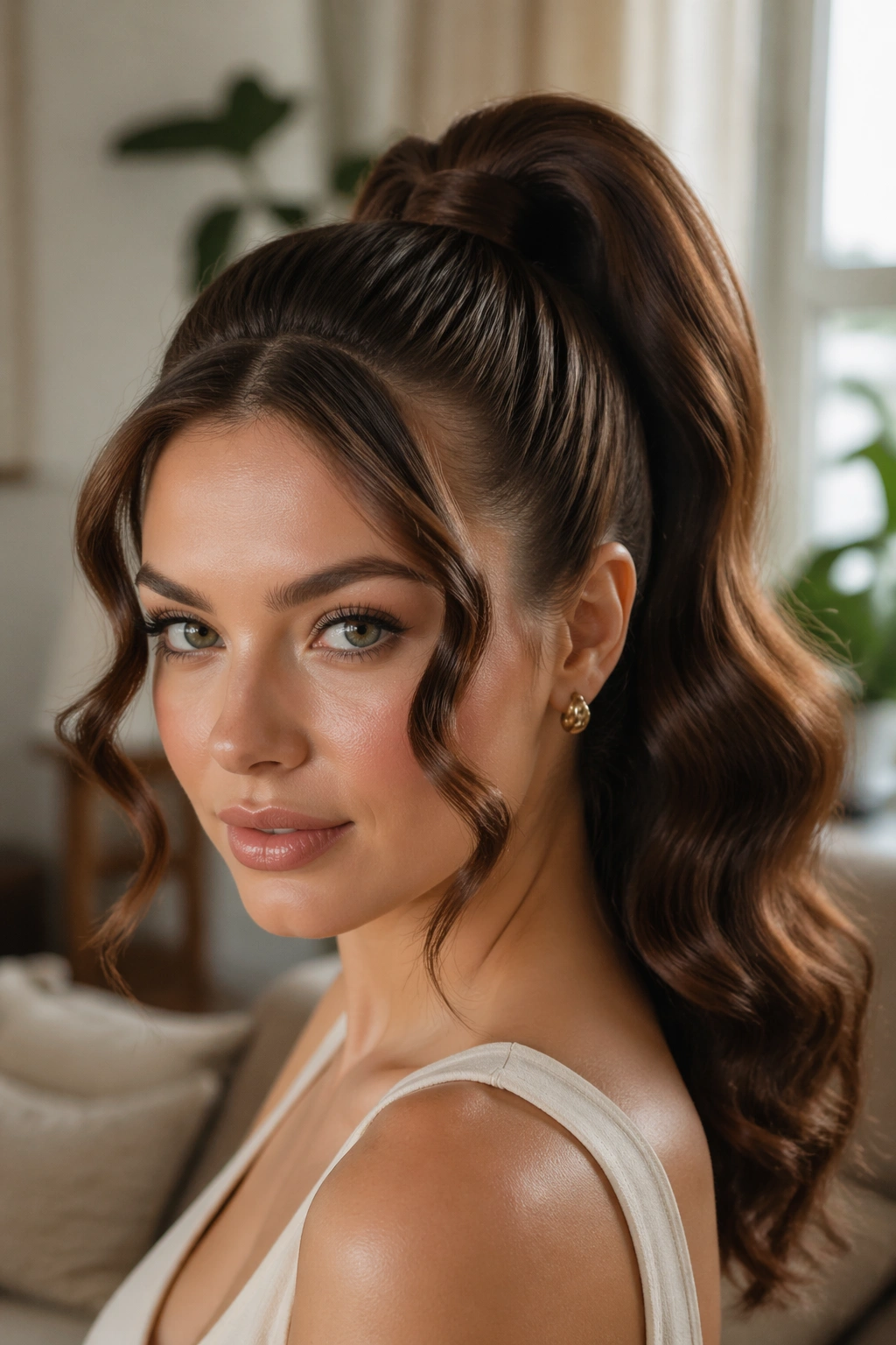 Close-up of a real woman with S-shaped waves and a high ponytail under warm window light